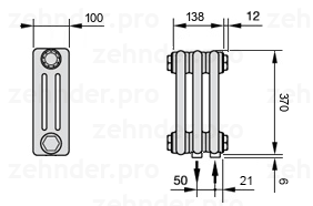 Схема (чертеж) Радиатор Zehnder Charleston 3037/3 №5510 Белый глянцевый RAL 9016